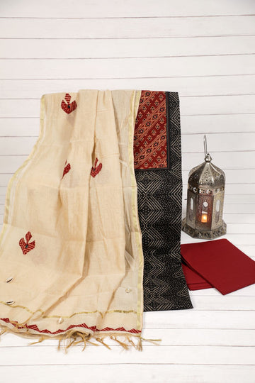 Bandhani Black Olive Applique cotton unstitched suit set. Geetha Creation